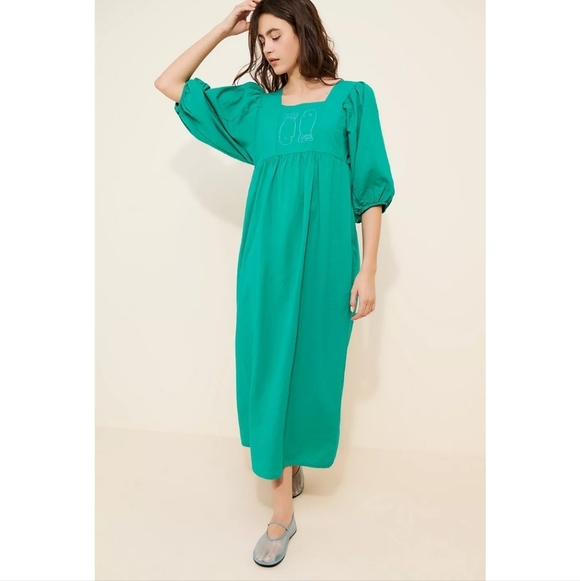 Bobo Choses Dresses & Skirts - Bobo Choses Couple Fish Embroidery Puff Sleeve Dress in Green • XS